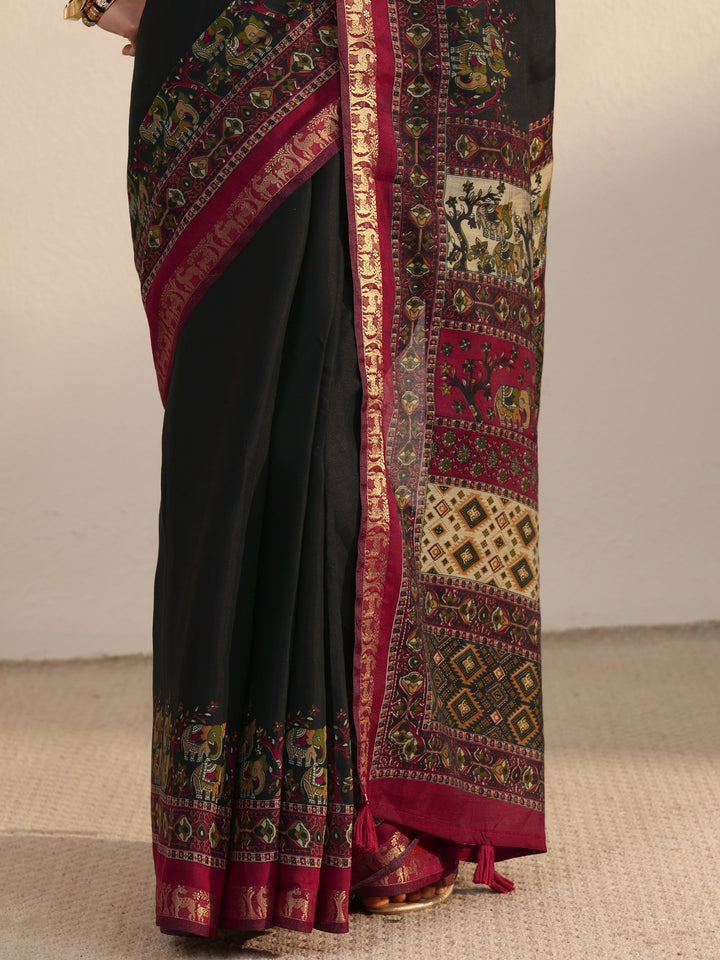 Libas Black and Red Printed Silk Blend Tassel Saree