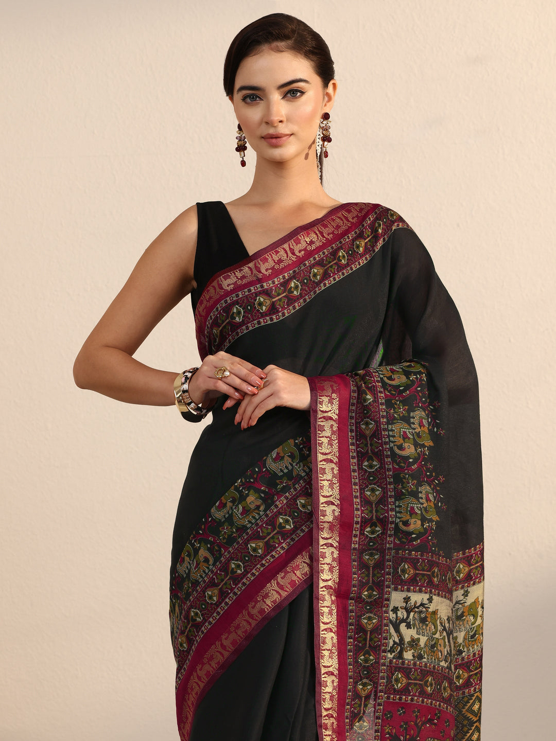 Libas Black and Red Printed Silk Blend Tassel Saree