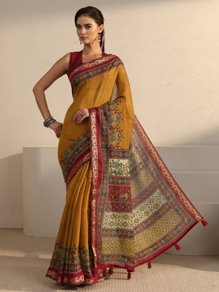 Libas Mustard and Red Printed Silk Blend Tassel Saree