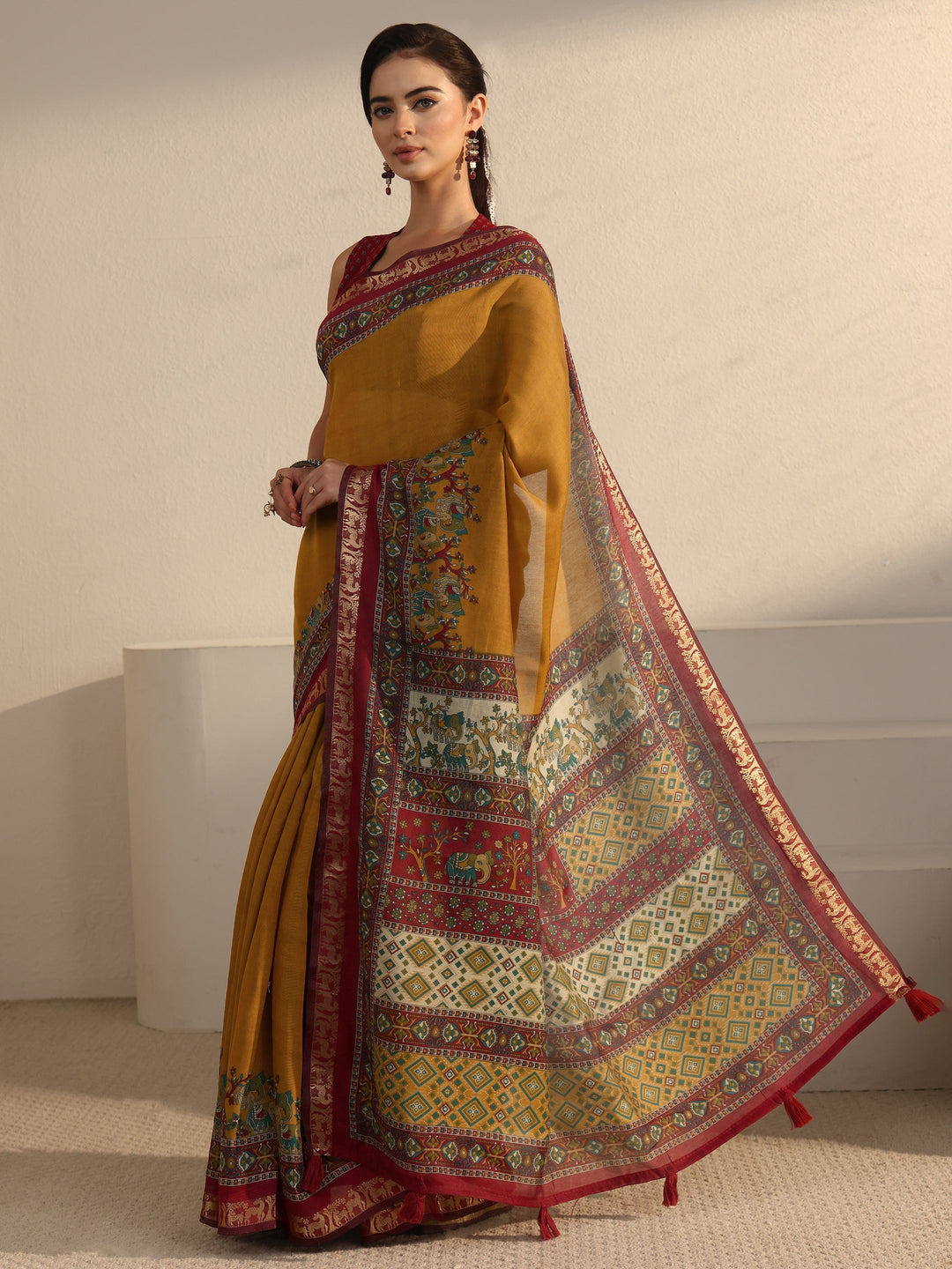 Libas Mustard and Red Printed Silk Blend Tassel Saree