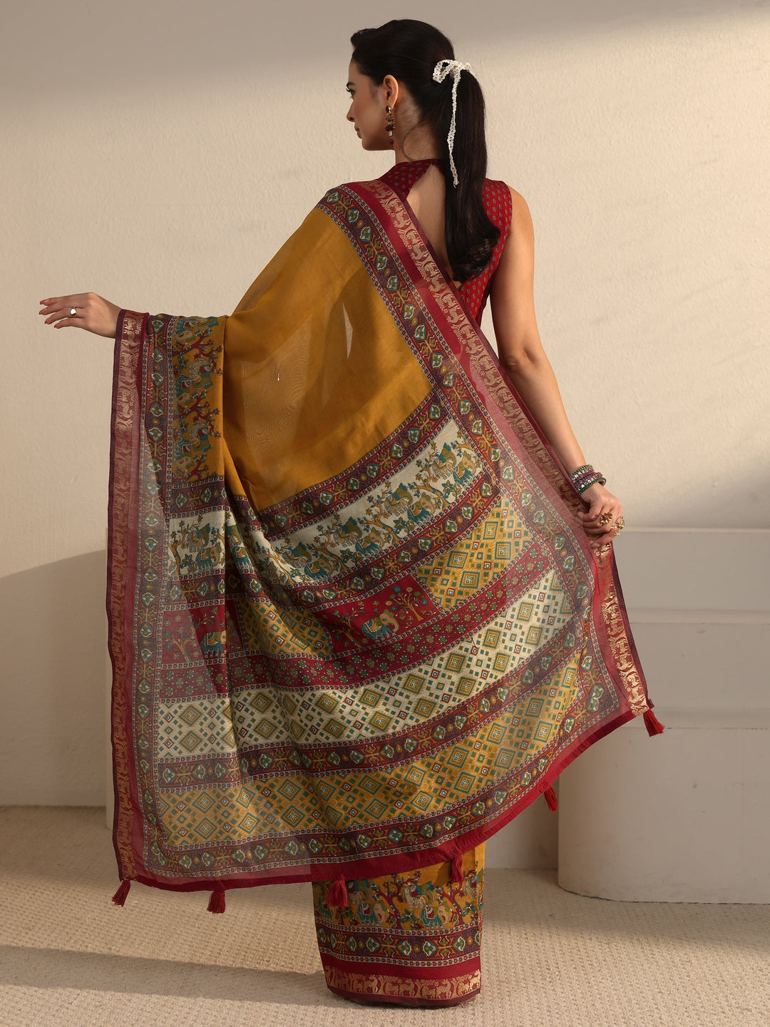 Libas Mustard and Red Printed Silk Blend Tassel Saree