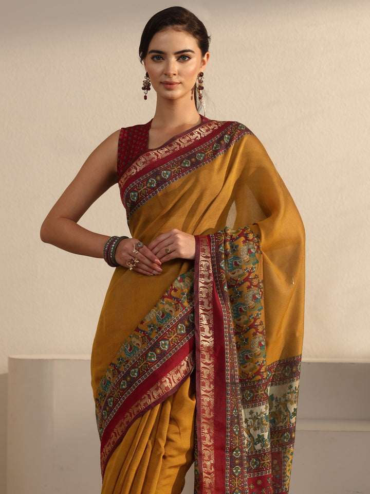 Libas Mustard and Red Printed Silk Blend Tassel Saree