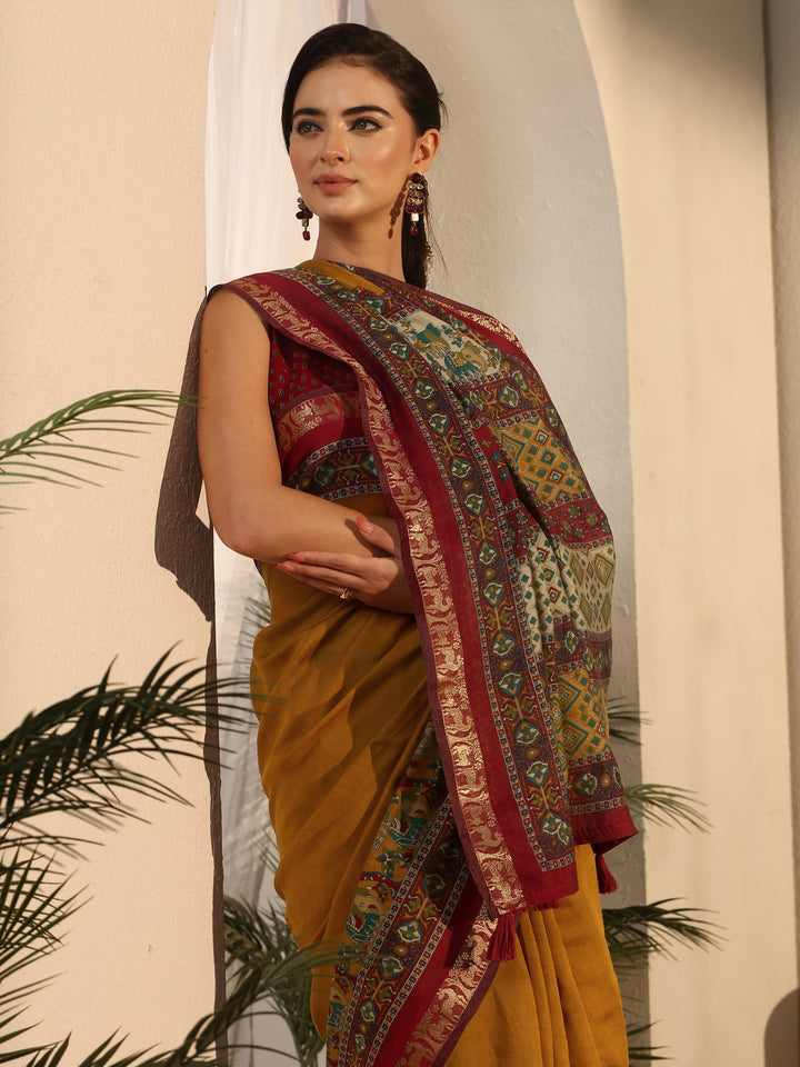 Libas Mustard and Red Printed Silk Blend Tassel Saree