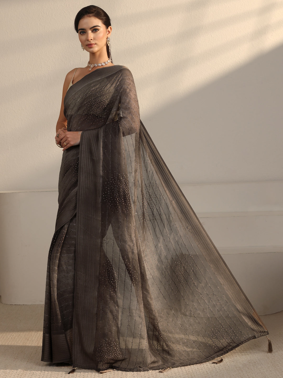 Libas Grey Striped Georgette Tassel Saree with Embellishments