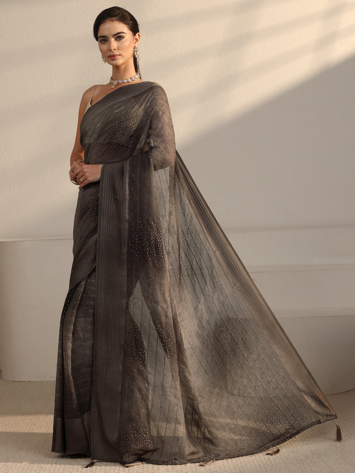 Libas Grey Striped Georgette Tassel Saree with Embellishments