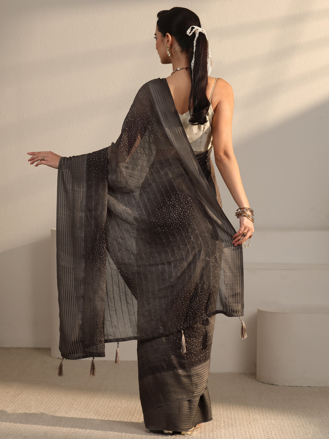 Libas Grey Striped Georgette Tassel Saree with Embellishments