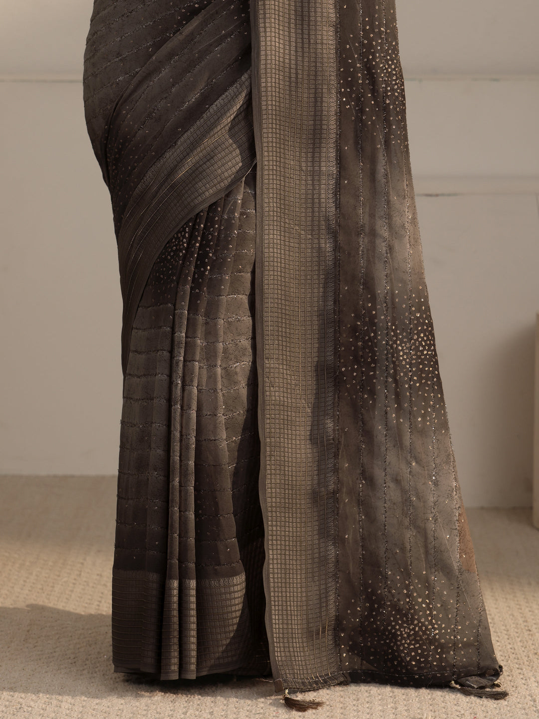 Libas Grey Striped Georgette Tassel Saree with Embellishments