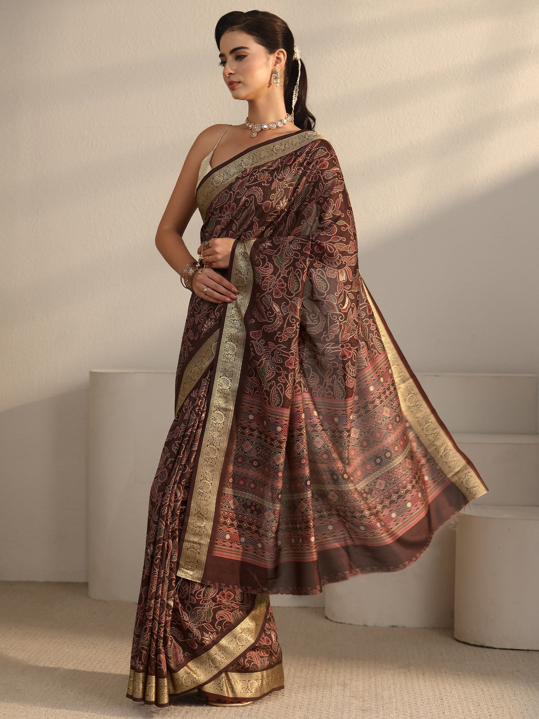 Libas Brown Floral Printed Silk Blend Saree with Woven Border