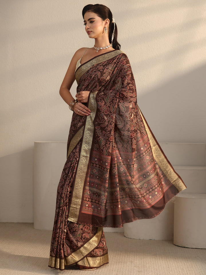 Libas Brown Floral Printed Silk Blend Saree with Woven Border