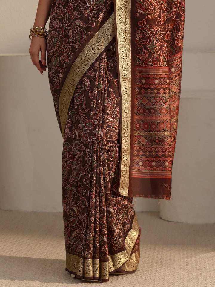 Libas Brown Floral Printed Silk Blend Saree with Woven Border
