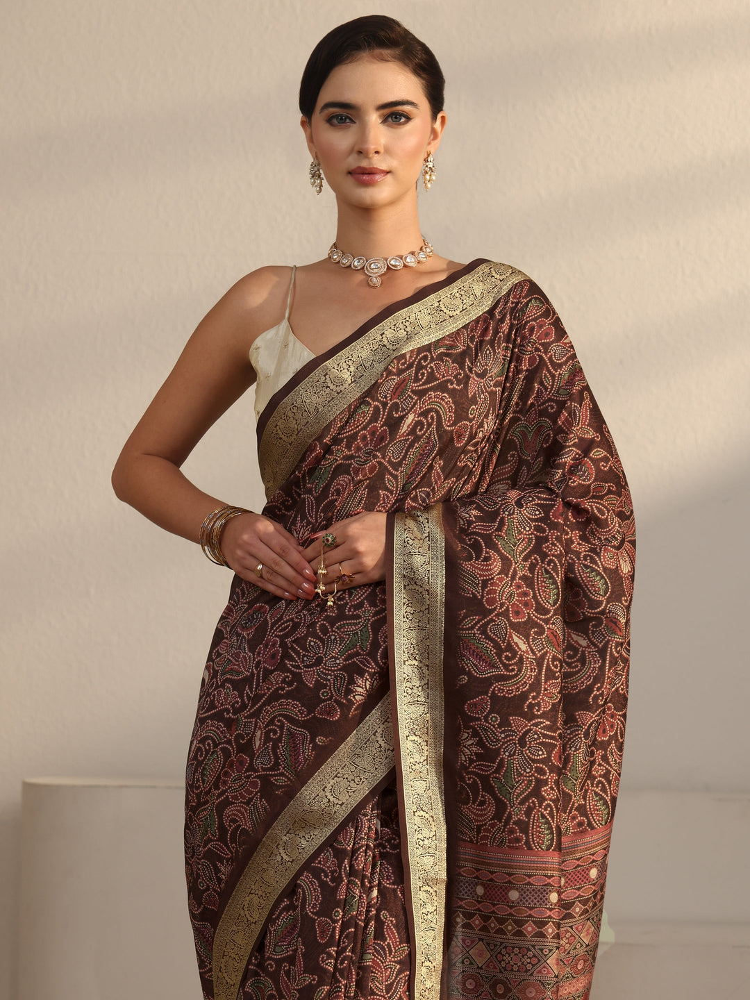 Libas Brown Floral Printed Silk Blend Saree with Woven Border