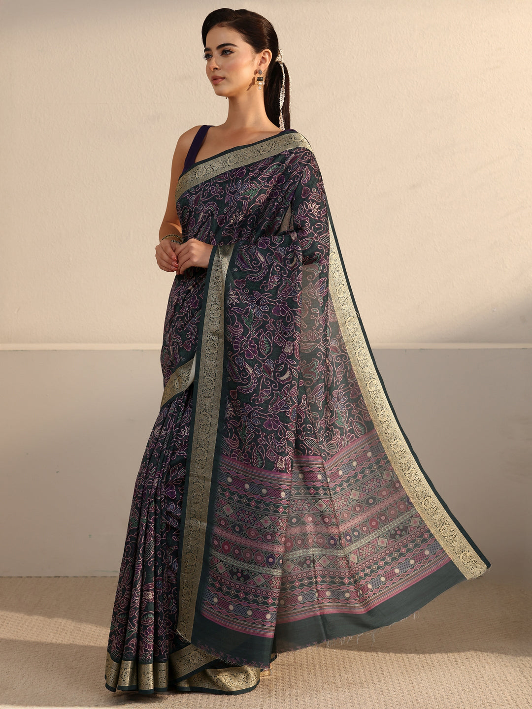 Libas Dark Green Floral Printed Silk Blend Saree with Woven Border