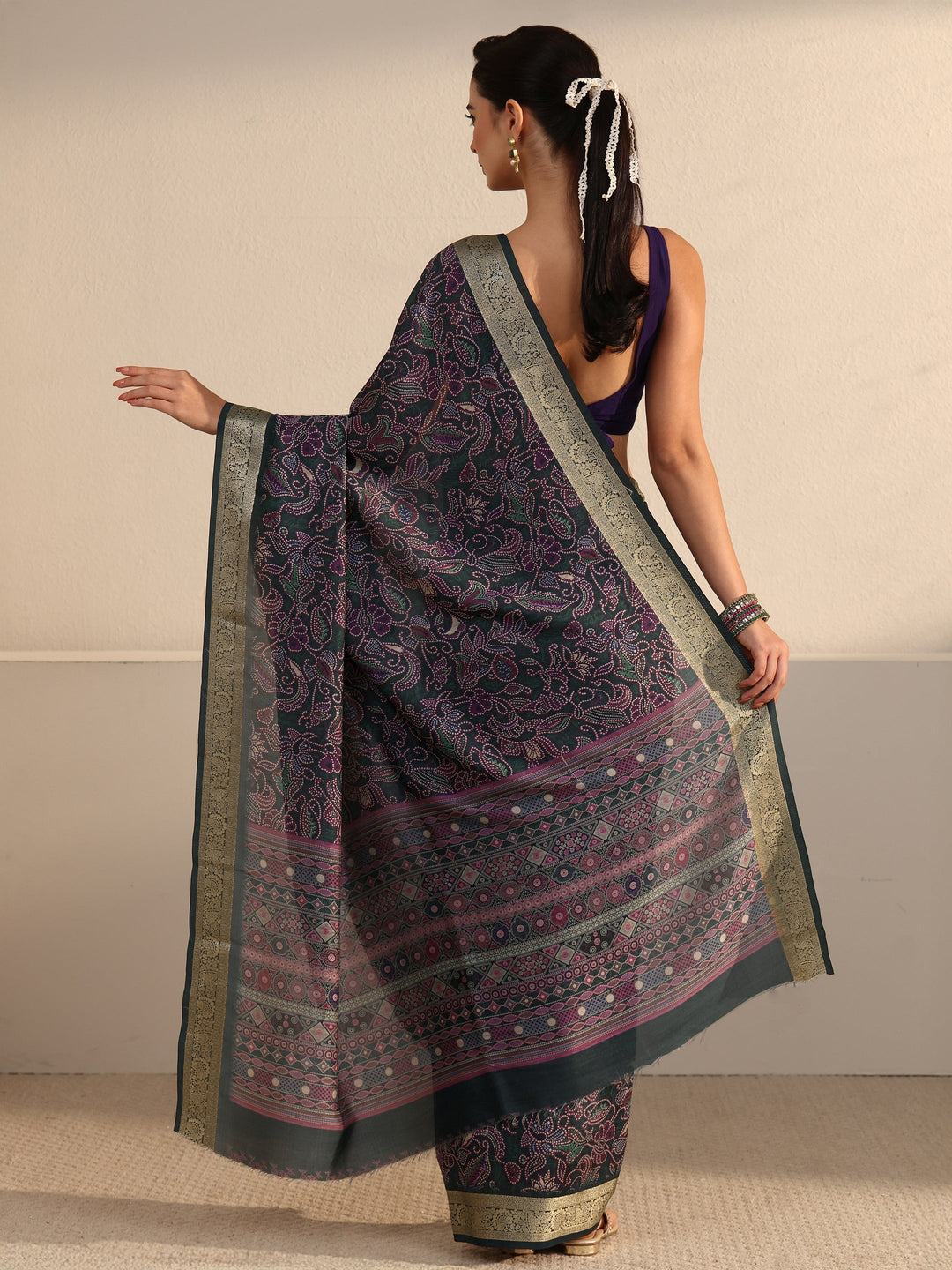 Libas Dark Green Floral Printed Silk Blend Saree with Woven Border