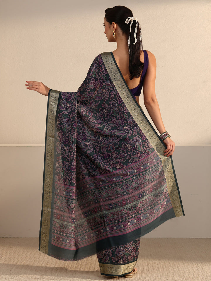 Libas Dark Green Floral Printed Silk Blend Saree with Woven Border