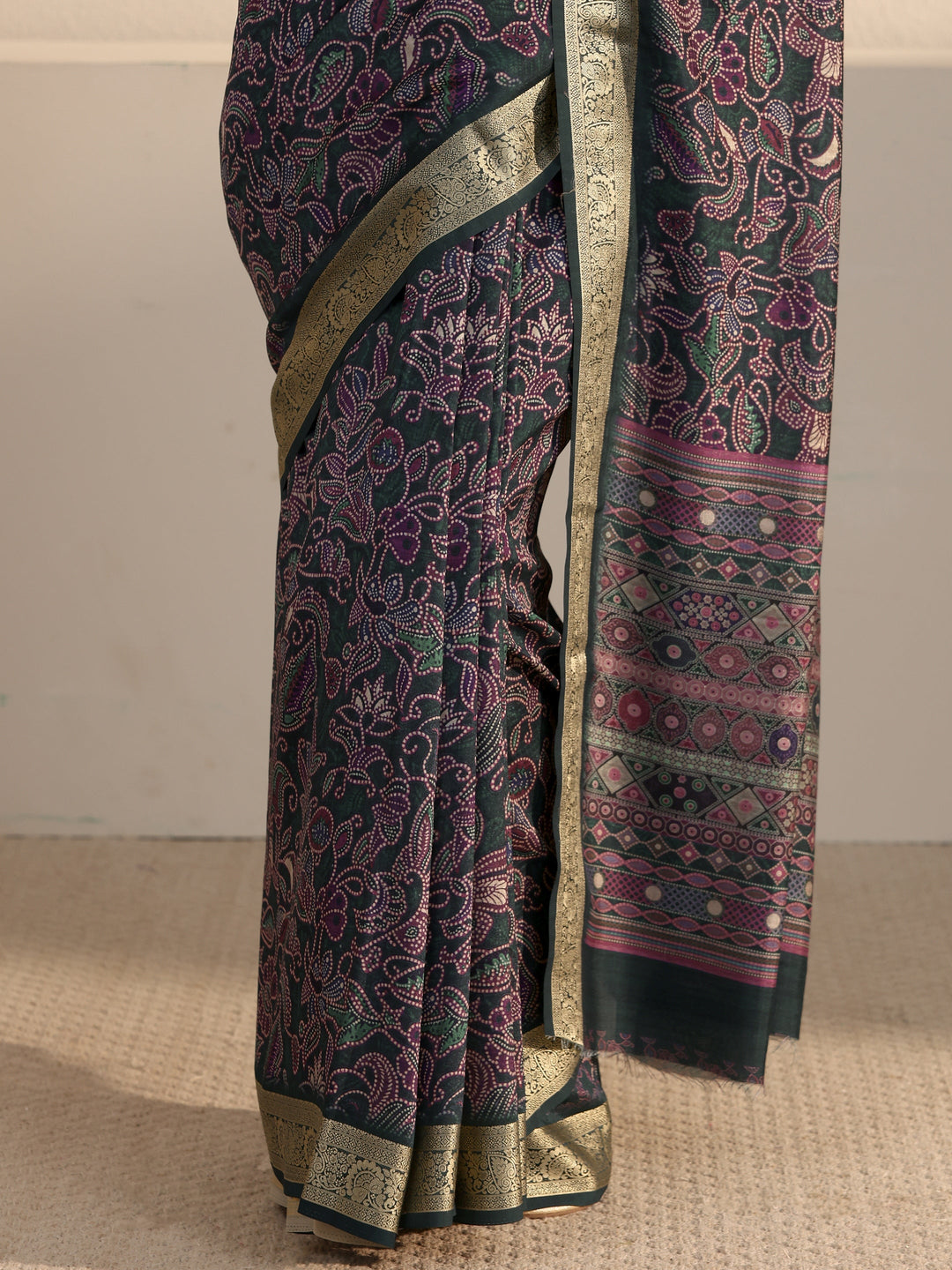 Libas Dark Green Floral Printed Silk Blend Saree with Woven Border