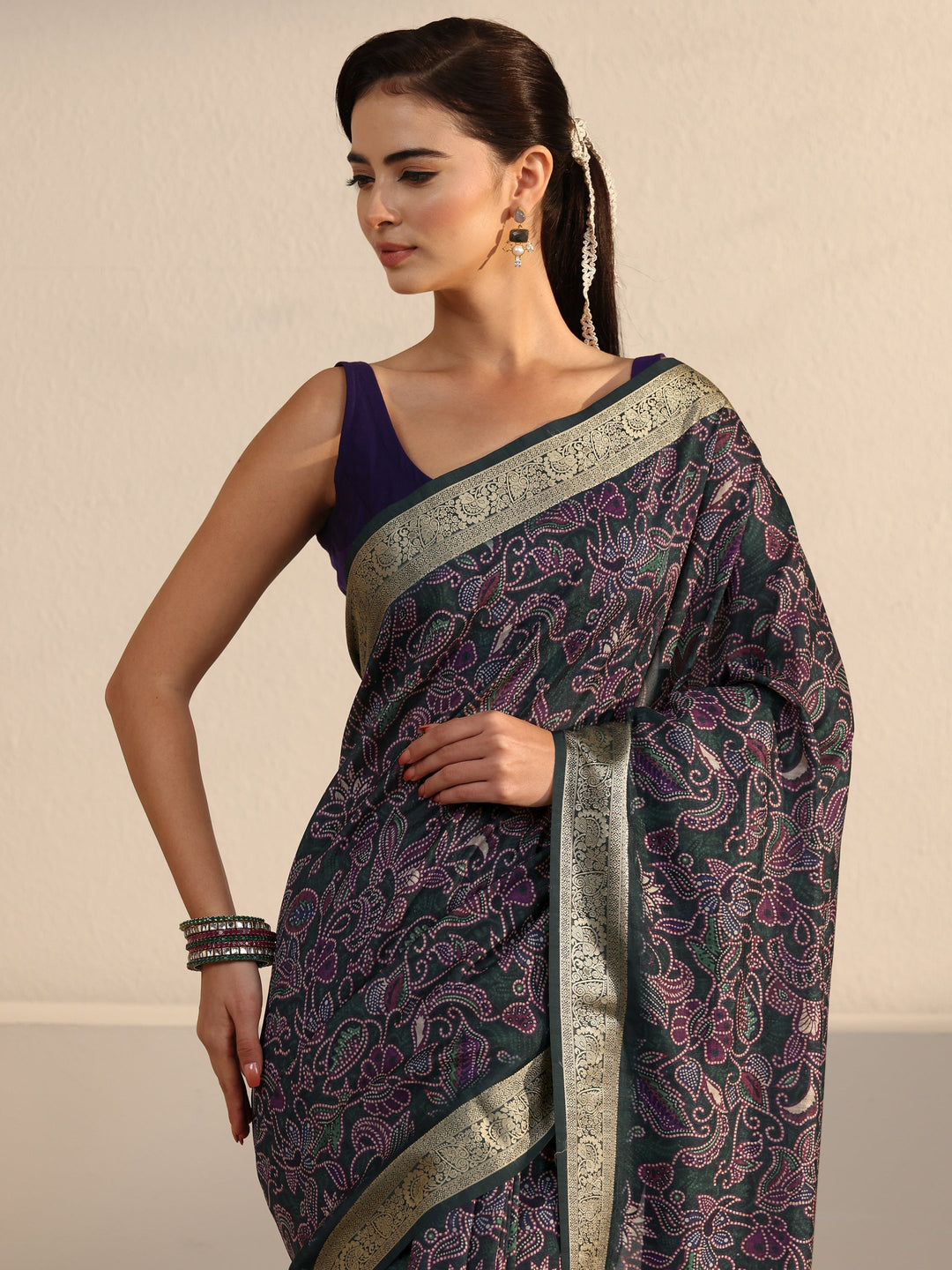Libas Dark Green Floral Printed Silk Blend Saree with Woven Border