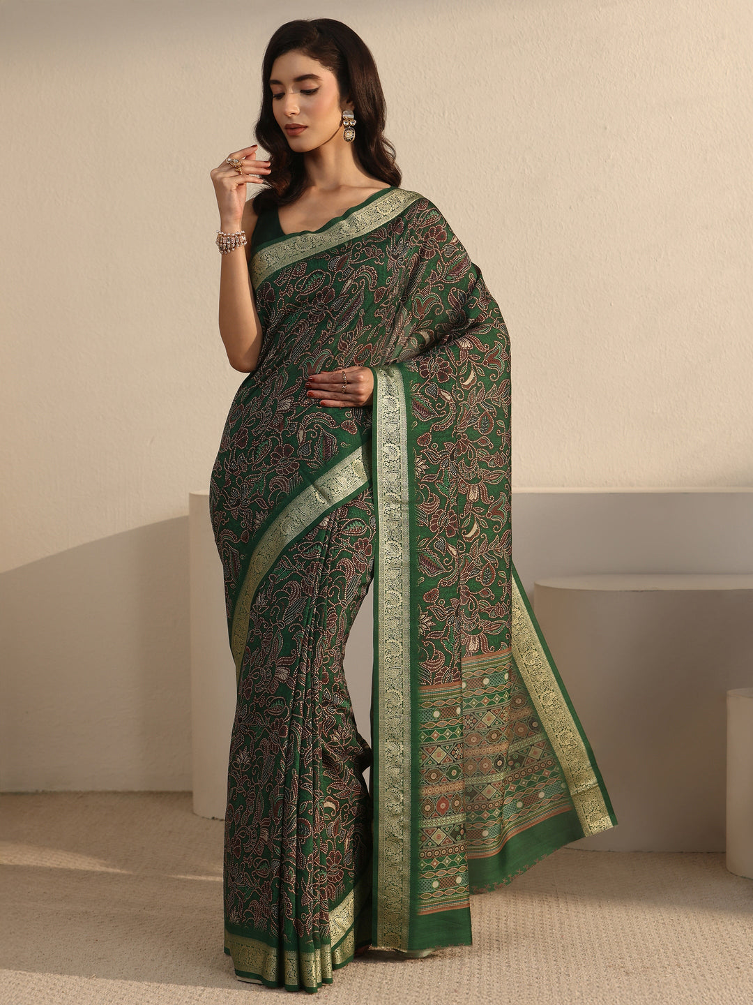 Libas Forest Green Floral Printed Silk Blend Saree with Woven Border