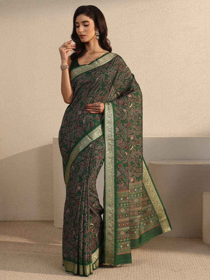 Libas Forest Green Floral Printed Silk Blend Saree with Woven Border