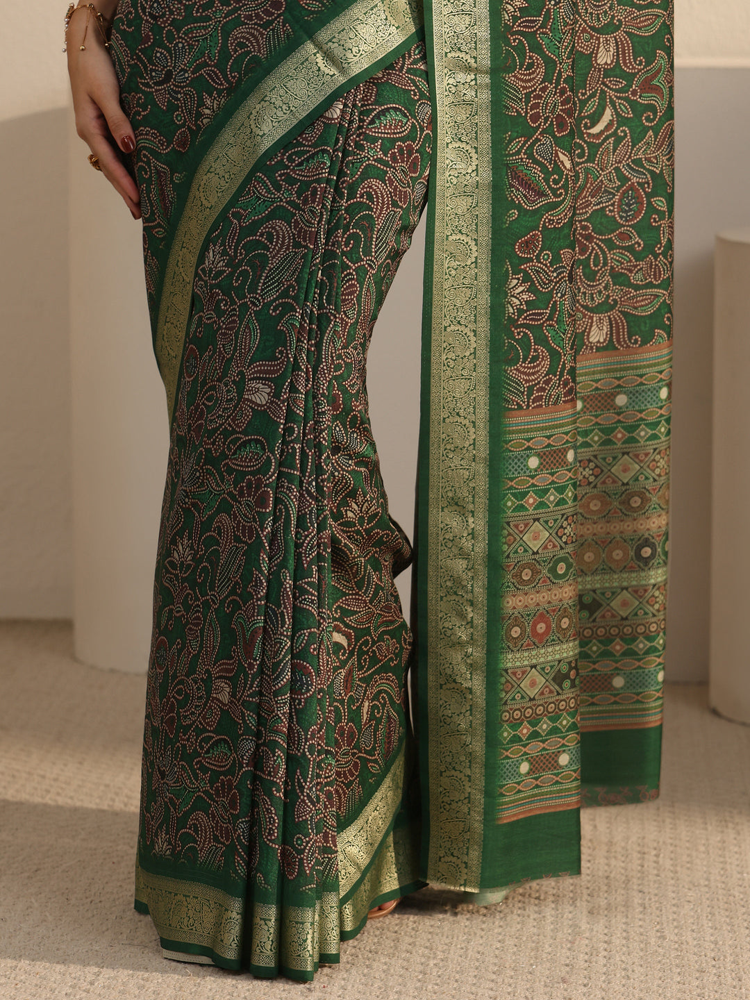 Libas Forest Green Floral Printed Silk Blend Saree with Woven Border