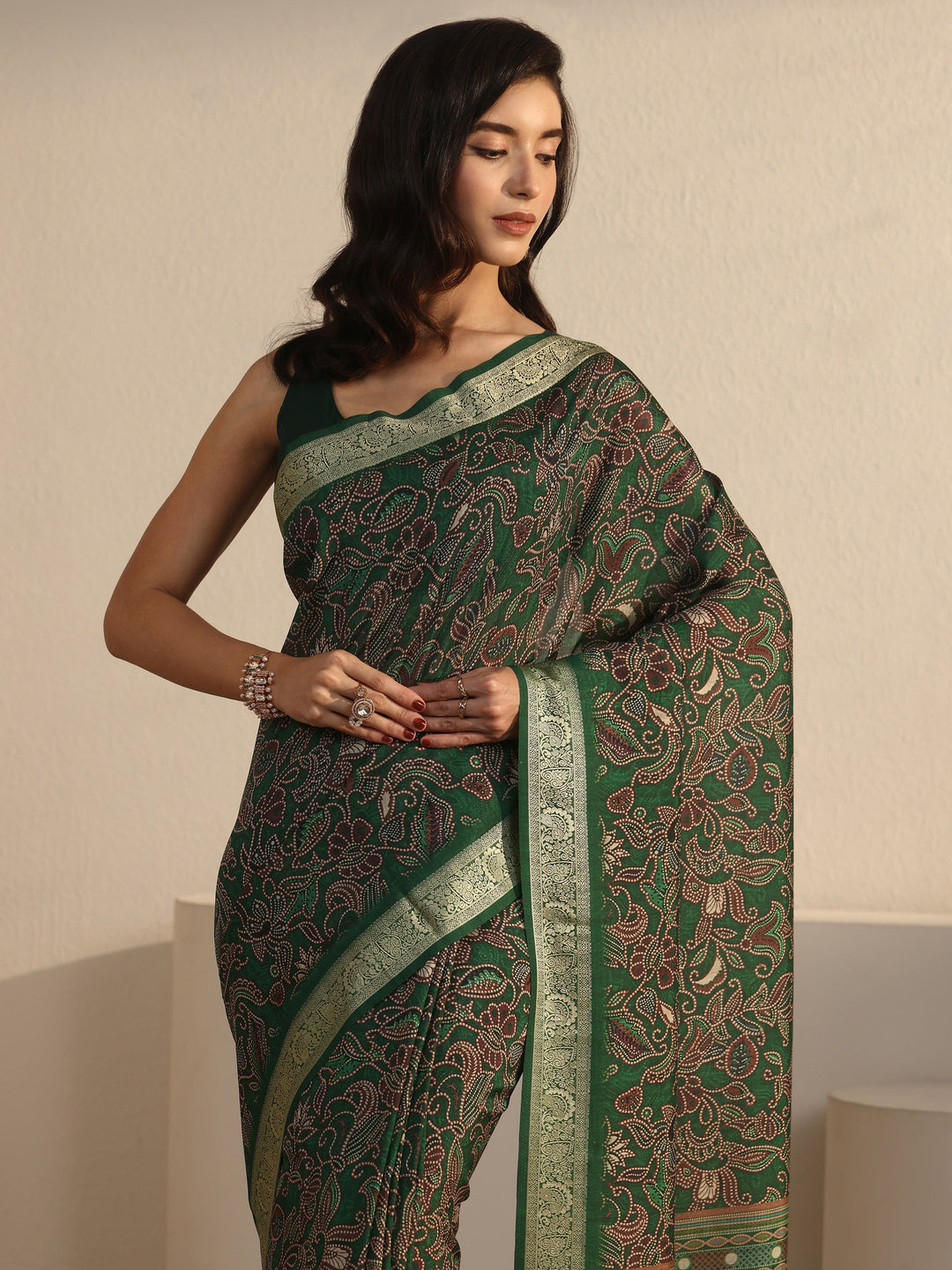 Libas Forest Green Floral Printed Silk Blend Saree with Woven Border