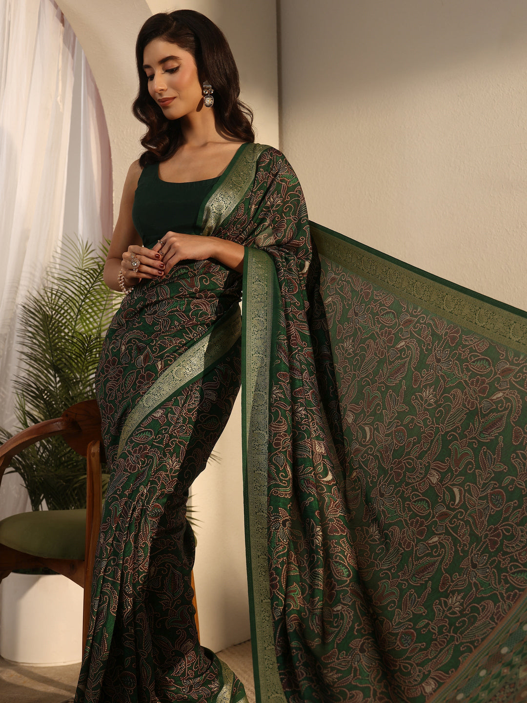 Libas Forest Green Floral Printed Silk Blend Saree with Woven Border