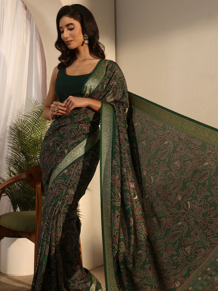 Libas Forest Green Floral Printed Silk Blend Saree with Woven Border