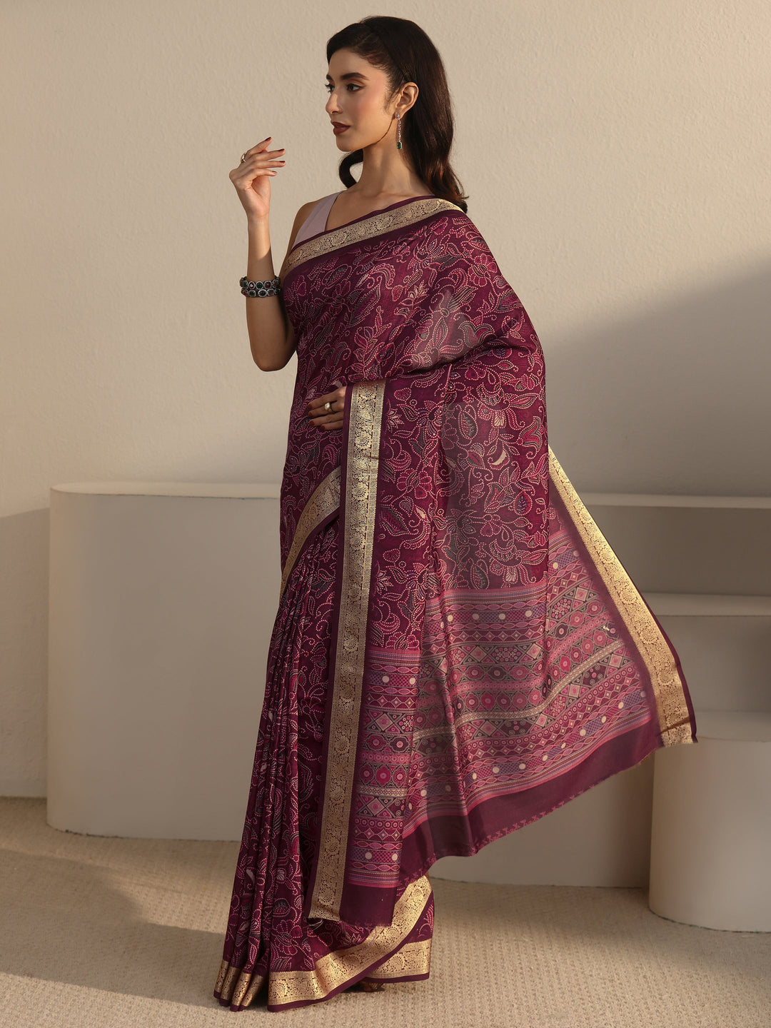 Libas Mauve Floral Printed Silk Blend Saree with Woven Border