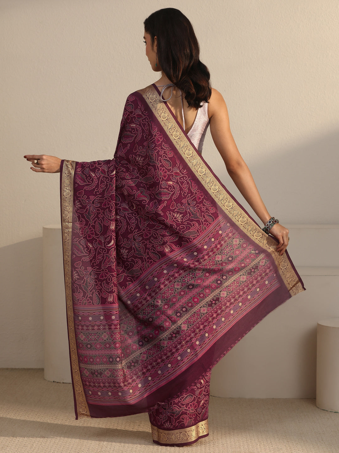 Libas Mauve Floral Printed Silk Blend Saree with Woven Border