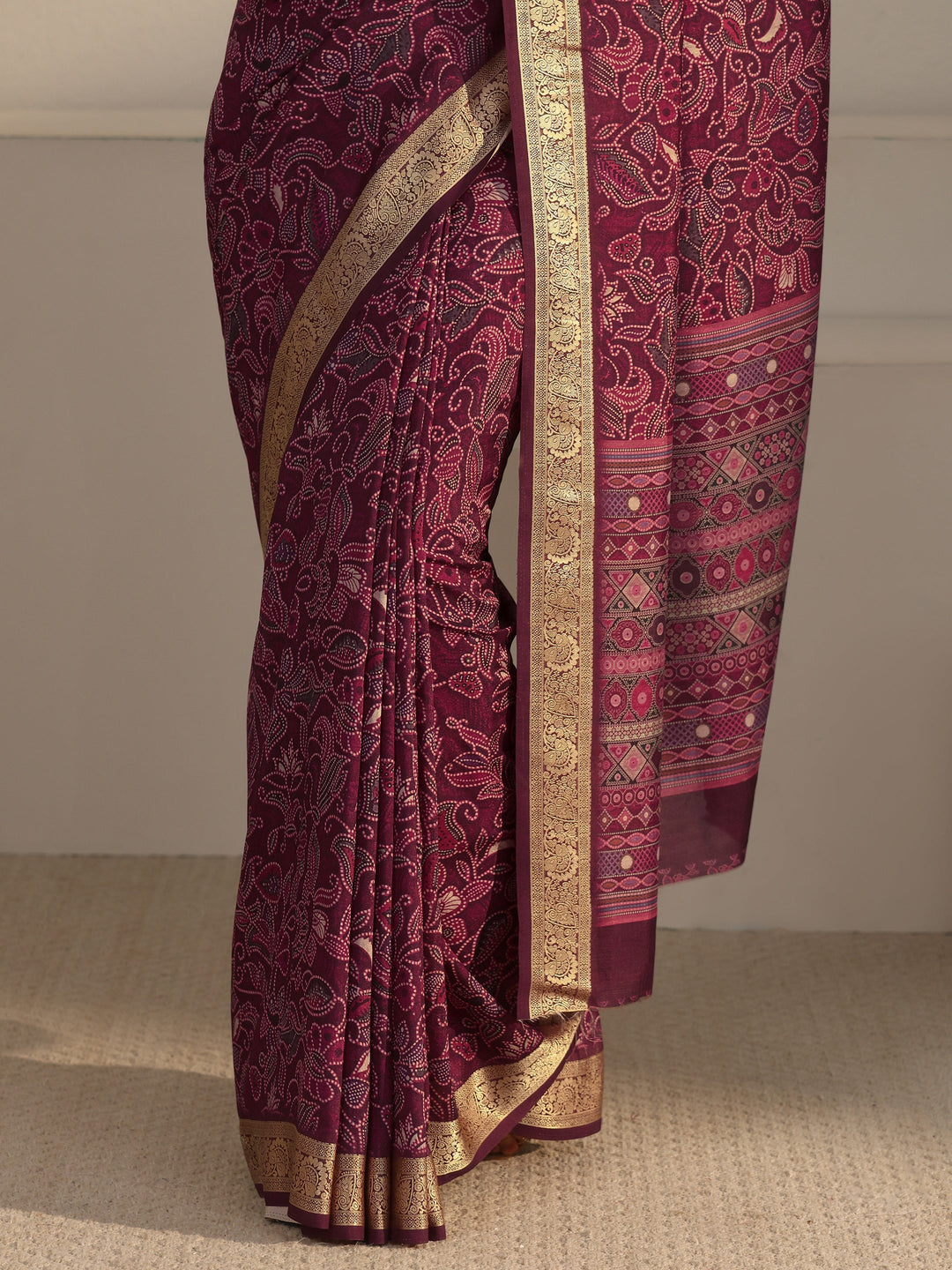Libas Mauve Floral Printed Silk Blend Saree with Woven Border