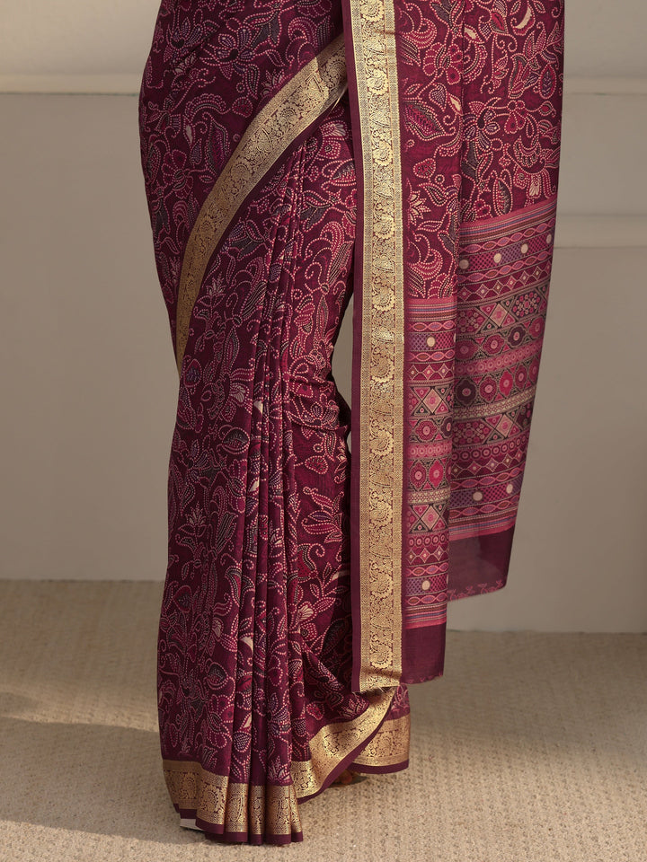 Libas Mauve Floral Printed Silk Blend Saree with Woven Border