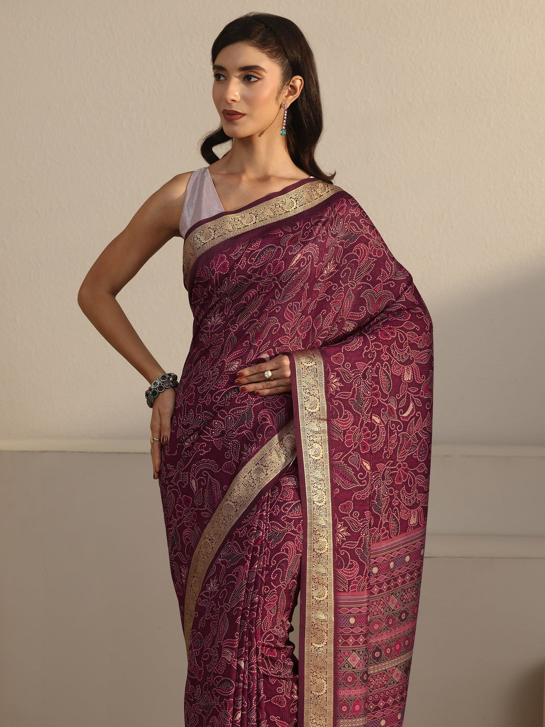 Libas Mauve Floral Printed Silk Blend Saree with Woven Border