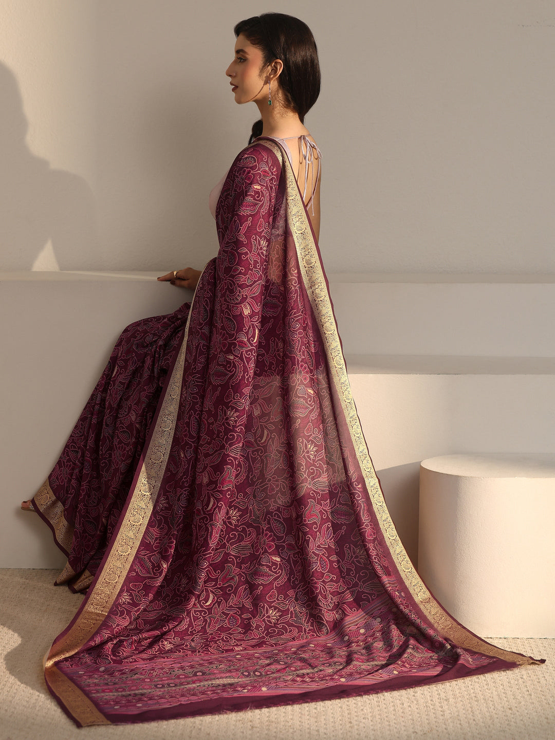 Libas Mauve Floral Printed Silk Blend Saree with Woven Border