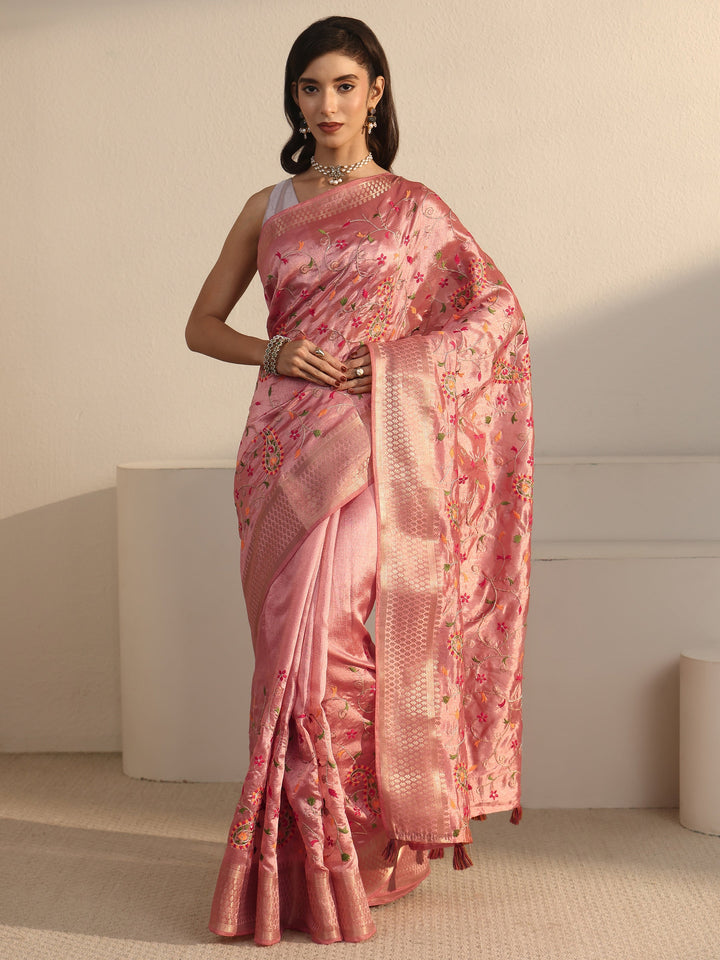 Libas Peach Pink Paisley Embroidered Silk Blend Tassel Saree