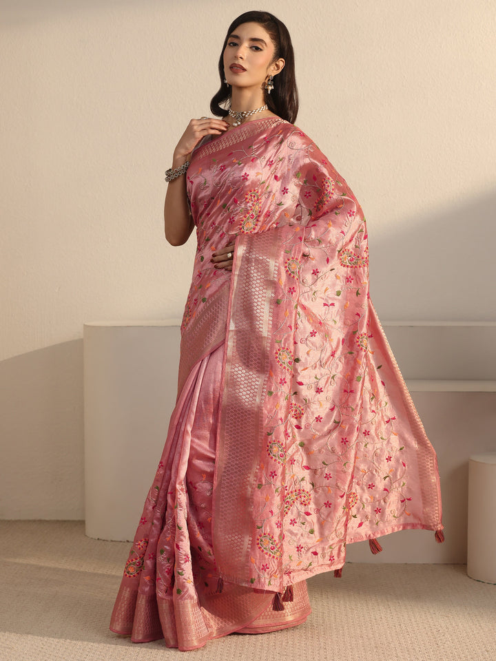 Libas Peach Pink Paisley Embroidered Silk Blend Tassel Saree