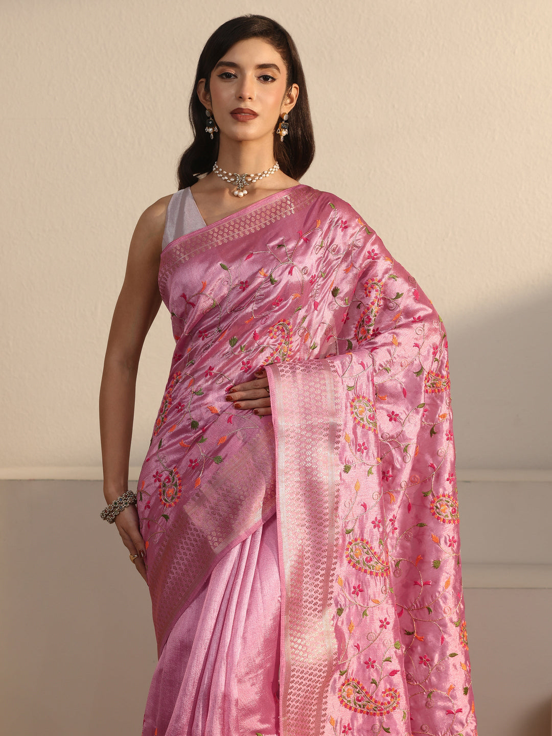 Libas Blush Pink Paisley Embroidered Silk Blend Tassel Saree