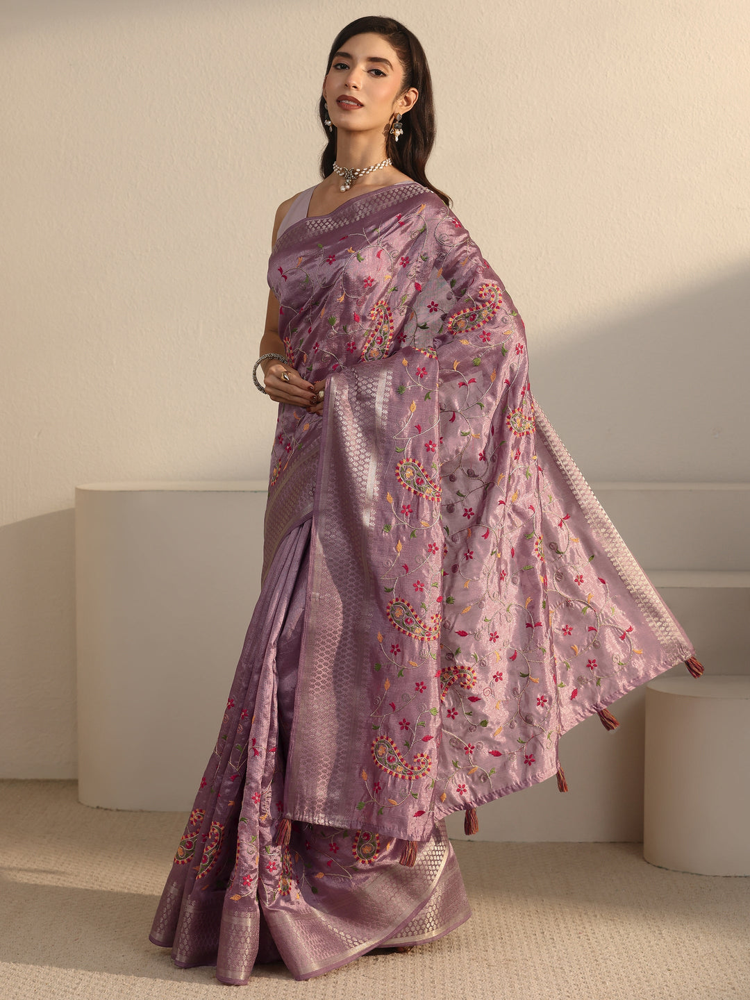 Libas Lavender Paisley Embroidered Silk Blend Tassel Saree