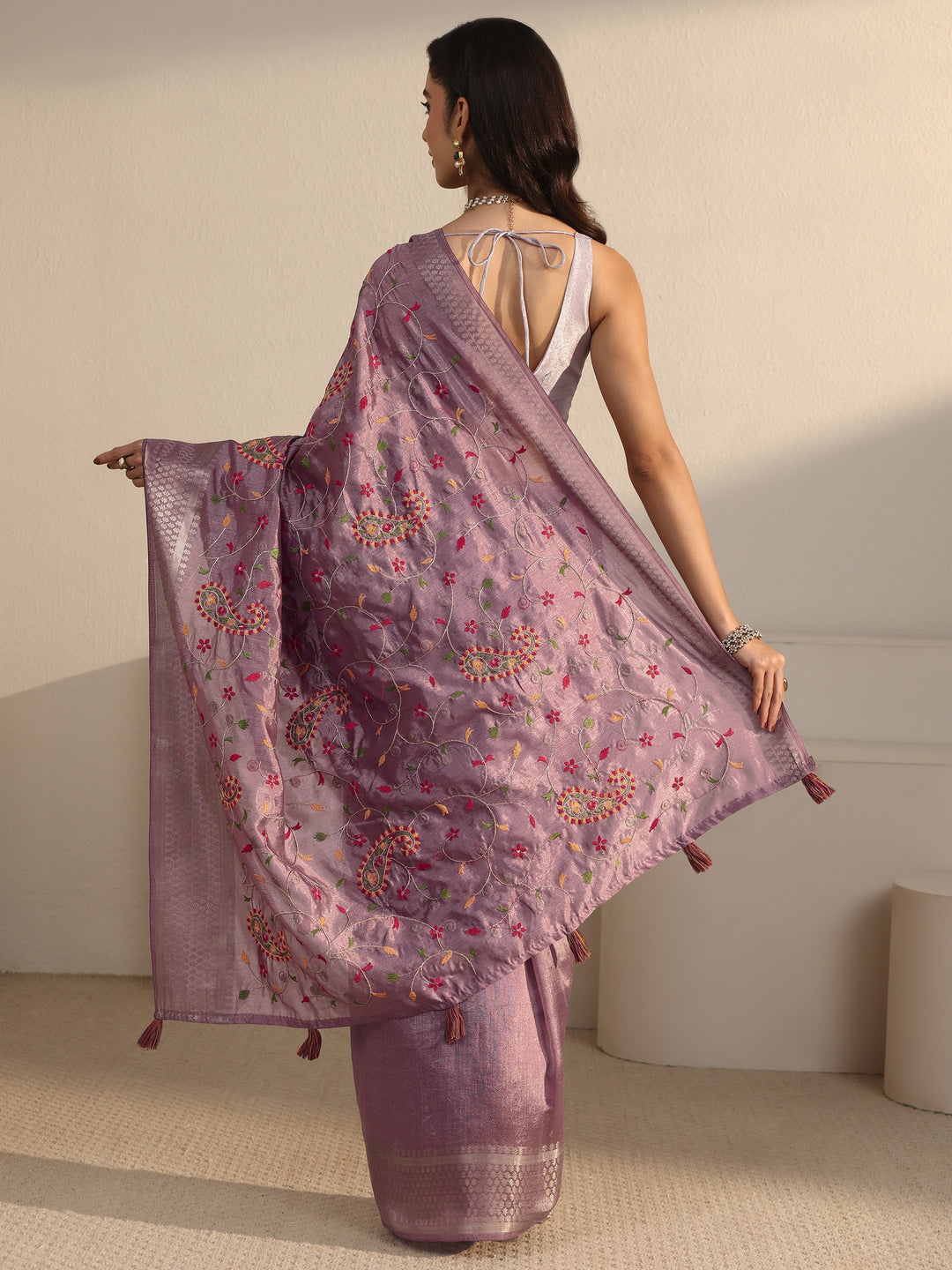Libas Lavender Paisley Embroidered Silk Blend Tassel Saree