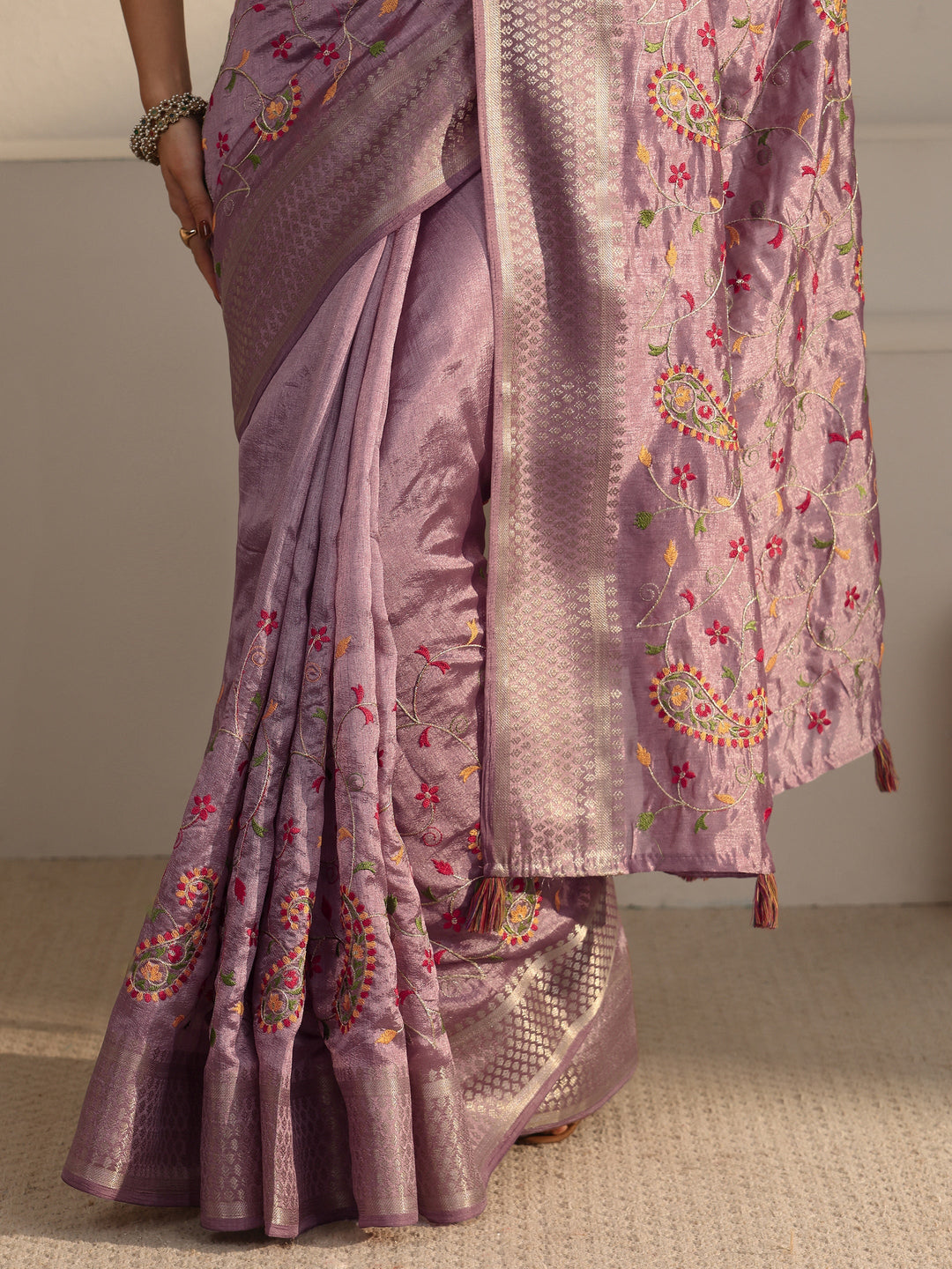 Libas Lavender Paisley Embroidered Silk Blend Tassel Saree