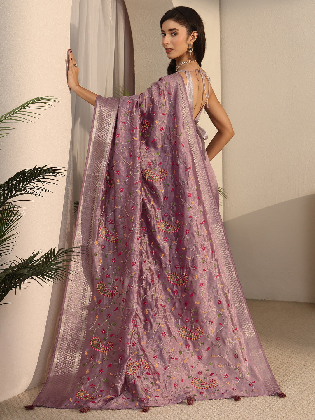 Libas Lavender Paisley Embroidered Silk Blend Tassel Saree