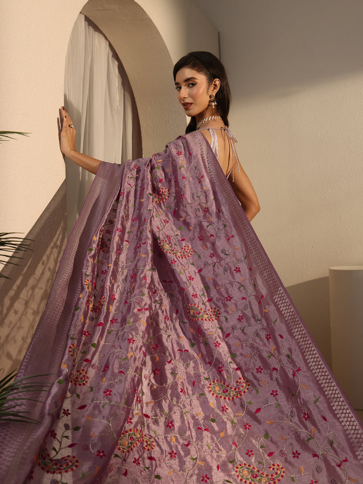 Libas Lavender Paisley Embroidered Silk Blend Tassel Saree