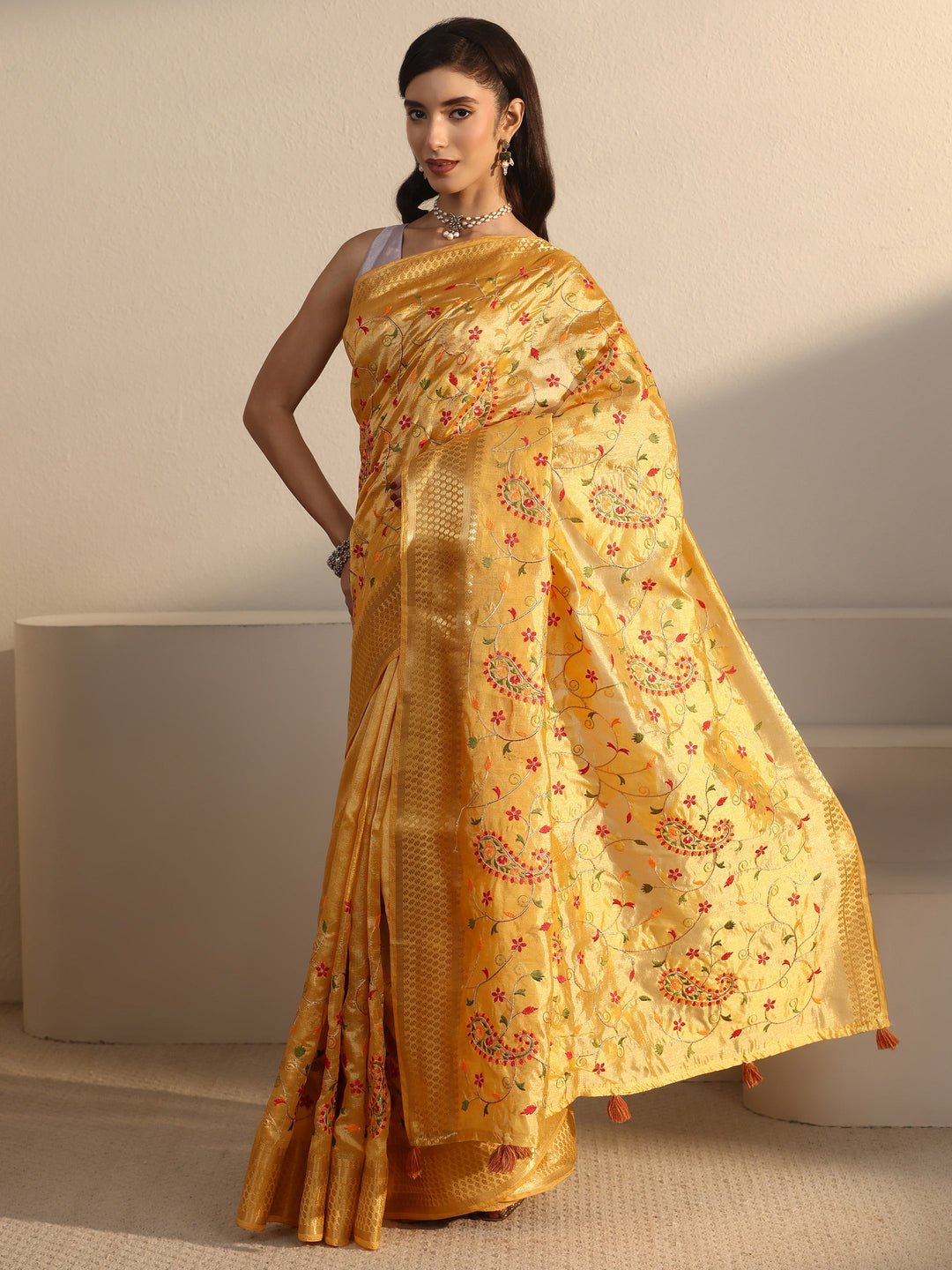 Libas Mustard Paisley Embroidered Silk Blend Tassel Saree
