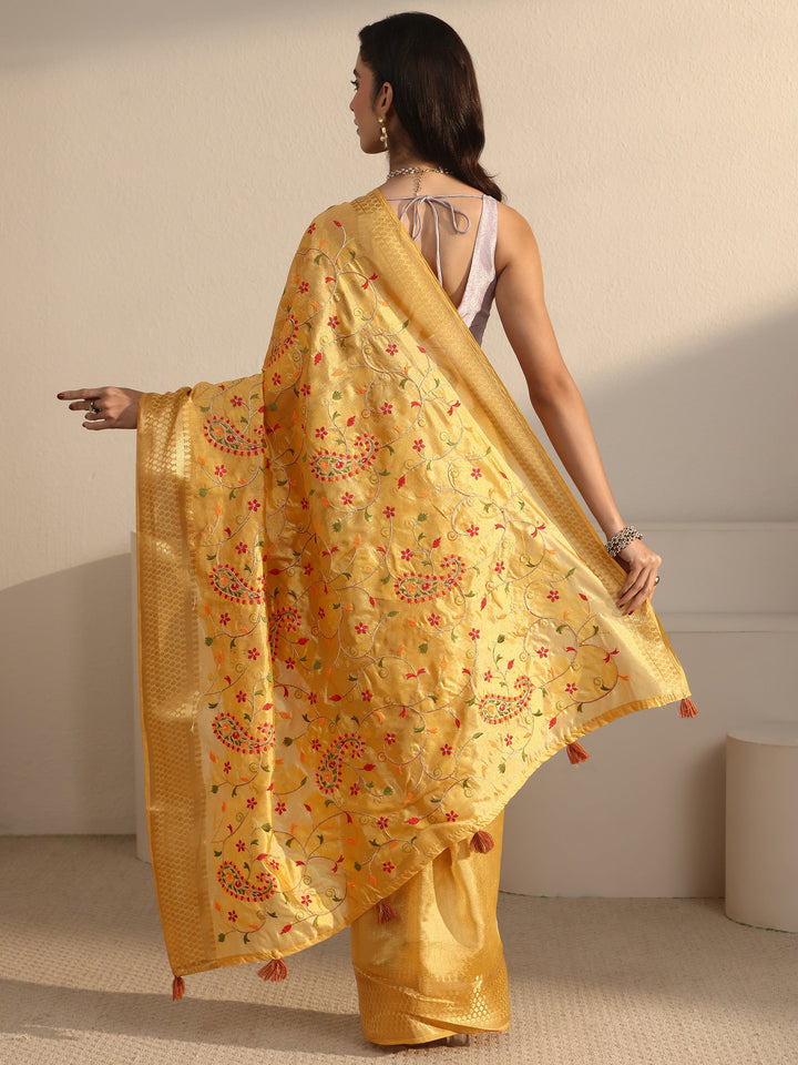 Libas Mustard Paisley Embroidered Silk Blend Tassel Saree