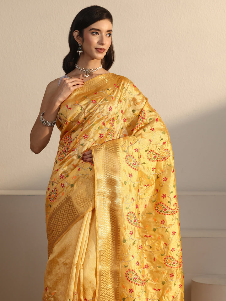 Libas Mustard Paisley Embroidered Silk Blend Tassel Saree