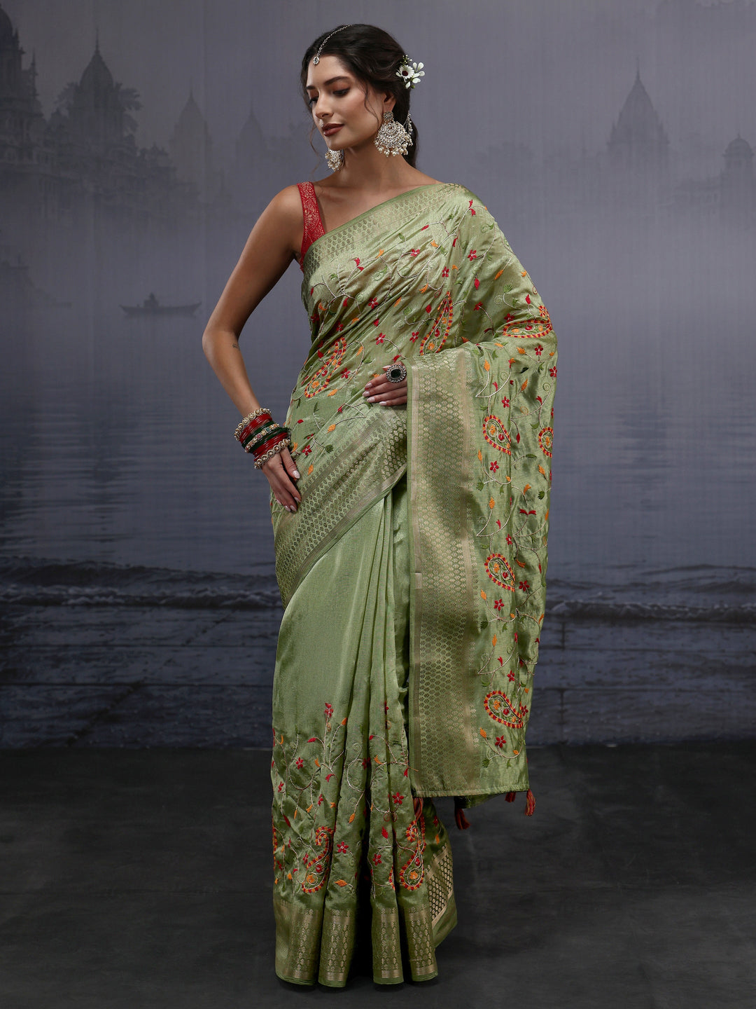 Libas Green Paisley Embroidered Silk Blend Saree