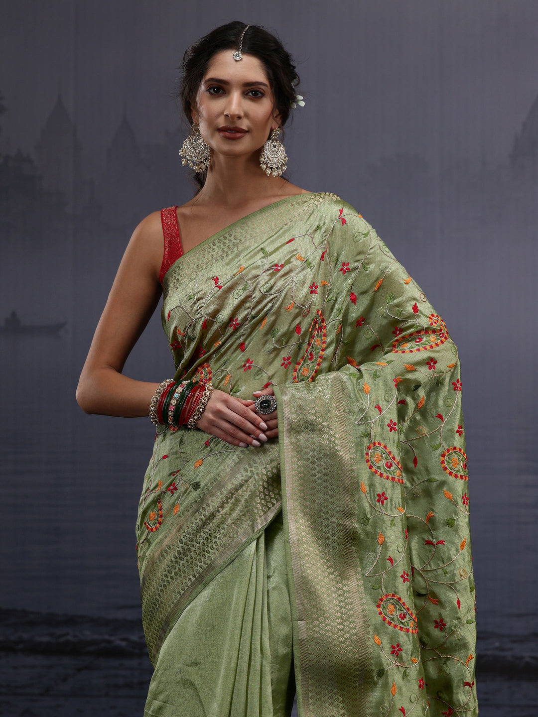 Libas Green Paisley Embroidered Silk Blend Saree
