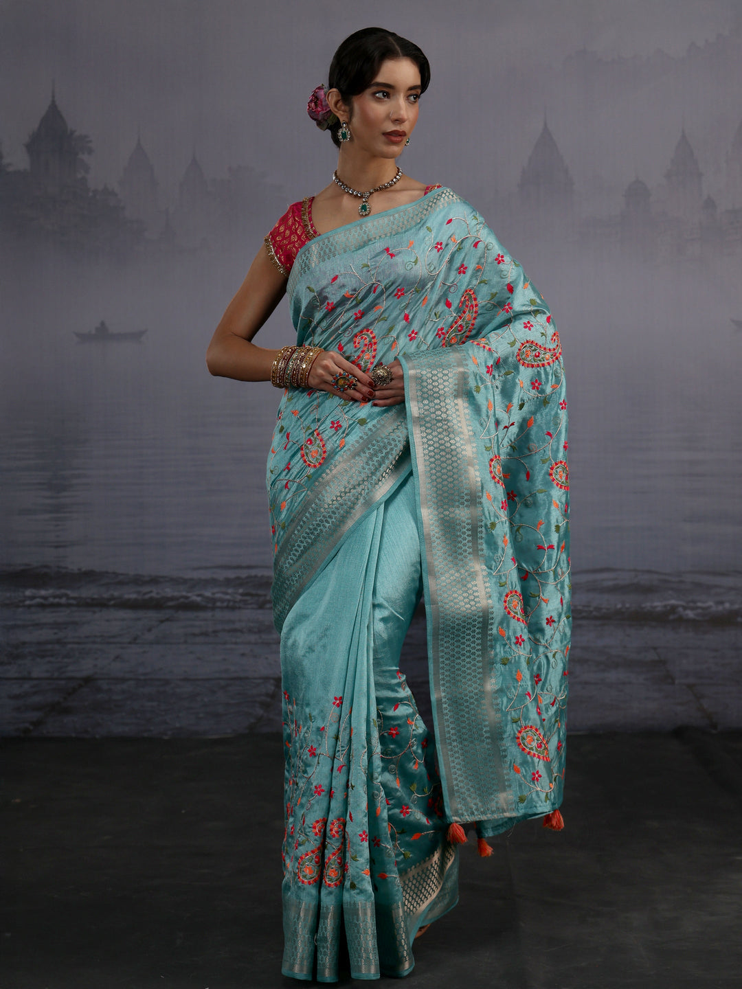 Libas Blue Paisley Embroidered Silk Blend Saree
