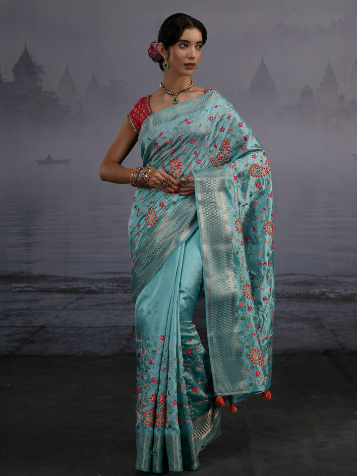 Libas Blue Paisley Embroidered Silk Blend Saree