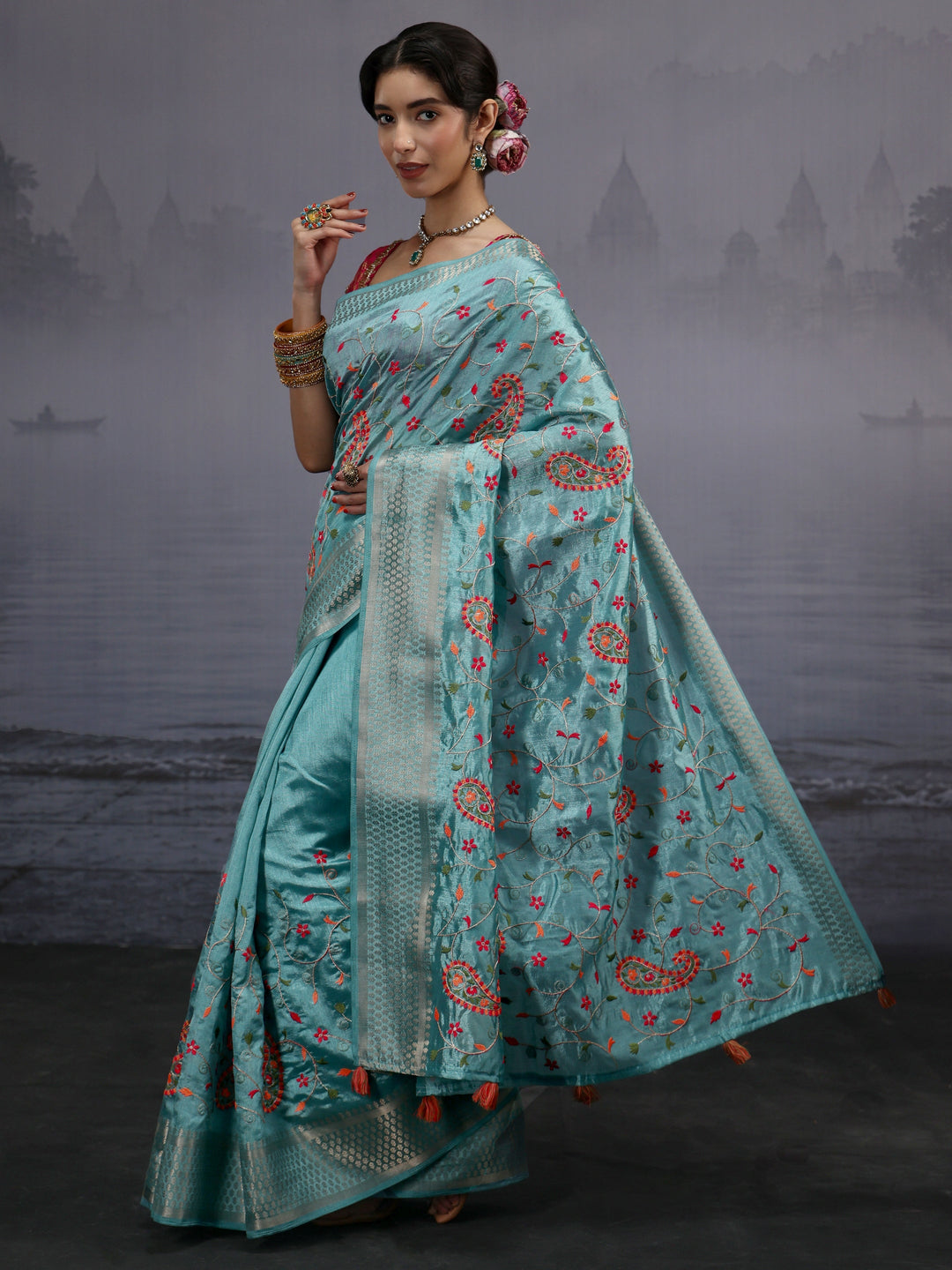 Libas Blue Paisley Embroidered Silk Blend Saree