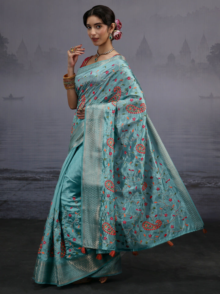 Libas Blue Paisley Embroidered Silk Blend Saree