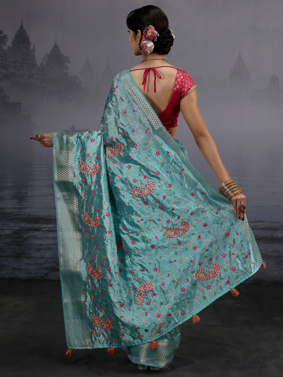 Libas Blue Paisley Embroidered Silk Blend Saree
